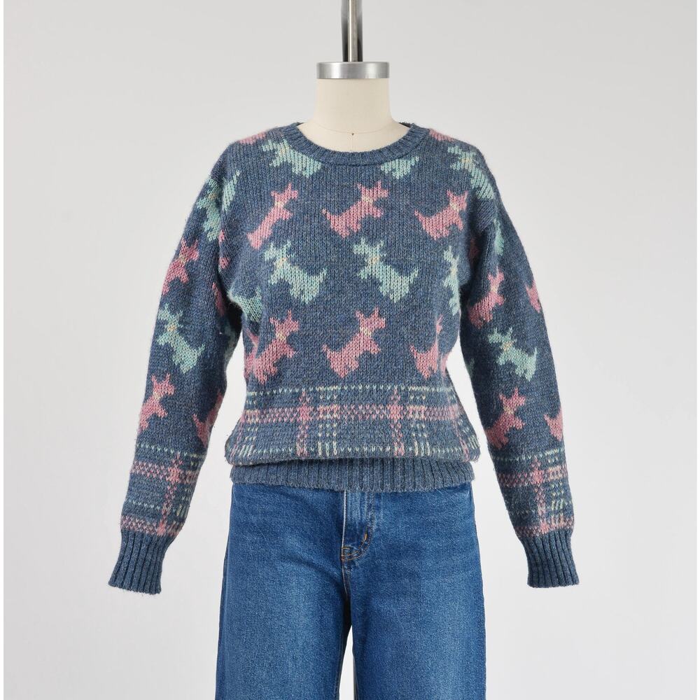 Vintage 80s Blue Dog Sweater Kitschy Cute Wool Blend Crewneck Sweater XS S